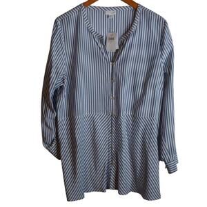 J.Jill Blue White Stripe Button Tunic Top LP Large Petite Rayon Boho